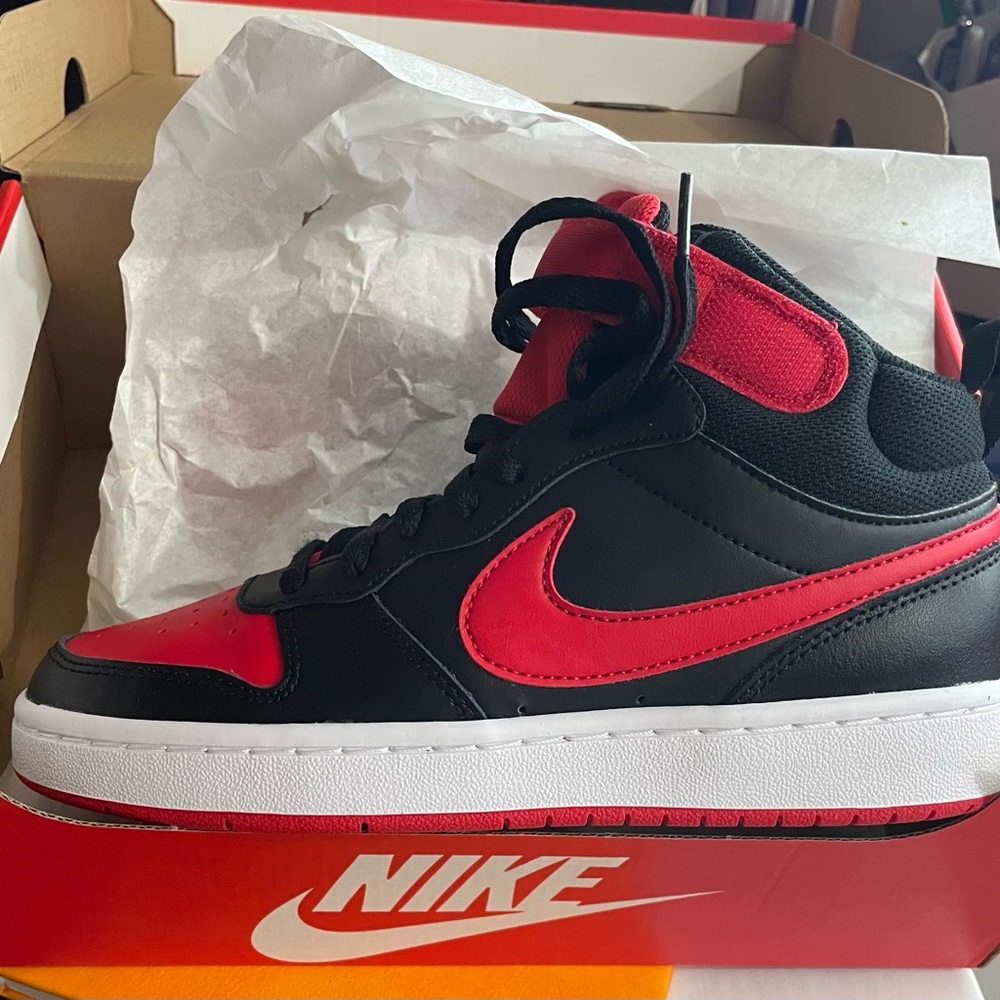 Nike Court Borough Mid 2 GS in Black and University Red 5Y
